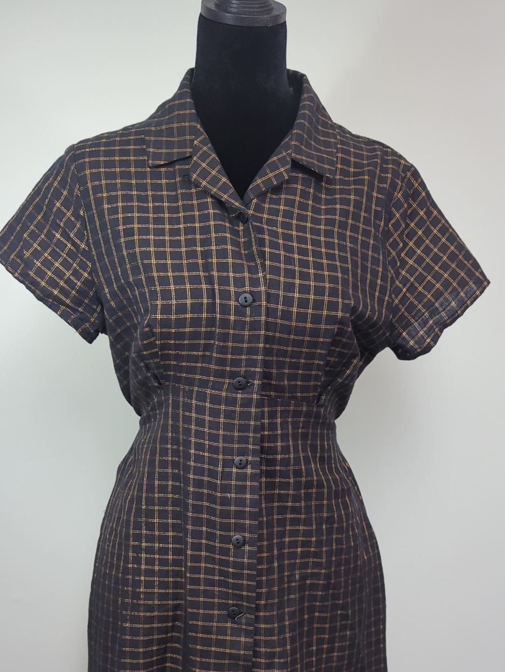 Corey Lynn Calter Black and Gold Plaid Button-Front Maxi Dress